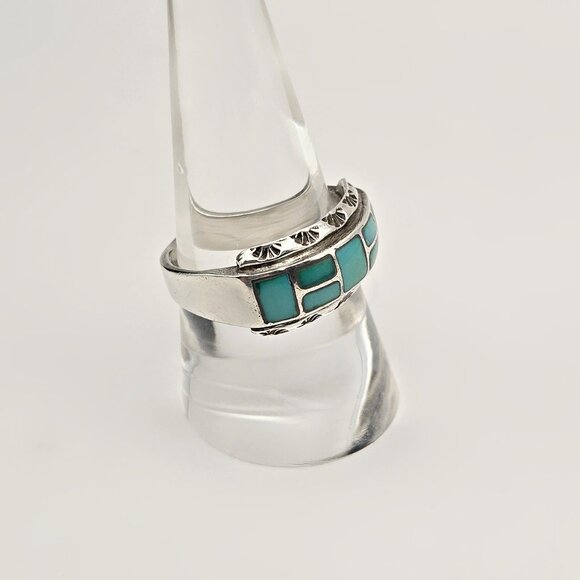 Vintage Sterling Turquoise Inlay Ring Size 8.75 – Signed W Southwestern Ring - Picture 5 of 6